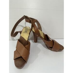 Rush Hour Express Brown Leather Mules GUC Size 9 Wooden Heel